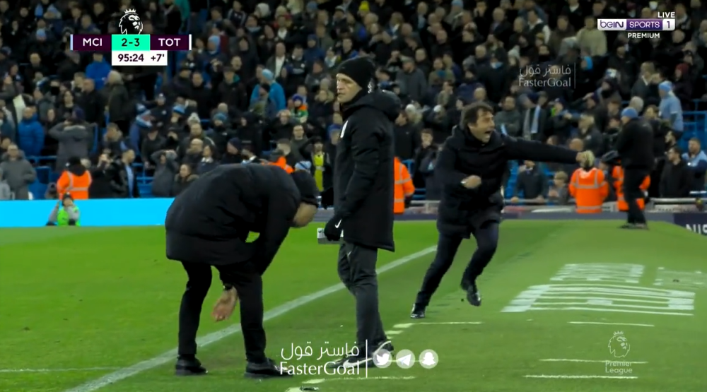 شاهد.. فرحة جنونية من كونتي وحسرة غوارديولا بعد هدف فوز توتنهام القاتل على مانشستر سيتي!