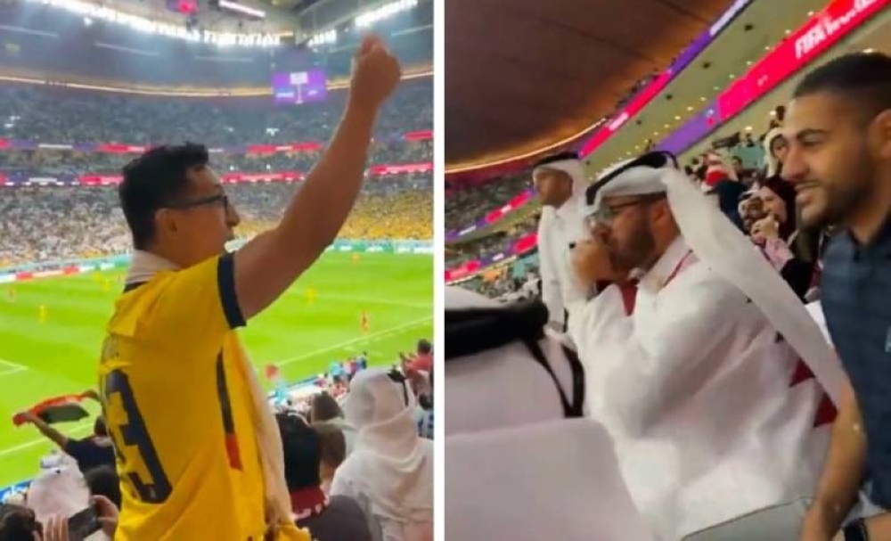 بعد مشادتهم في افتتاحية كأس العالم.. شاهد.. المشجع القطري يتصالح مع الإكوادوري عقب نهاية المباراة !
