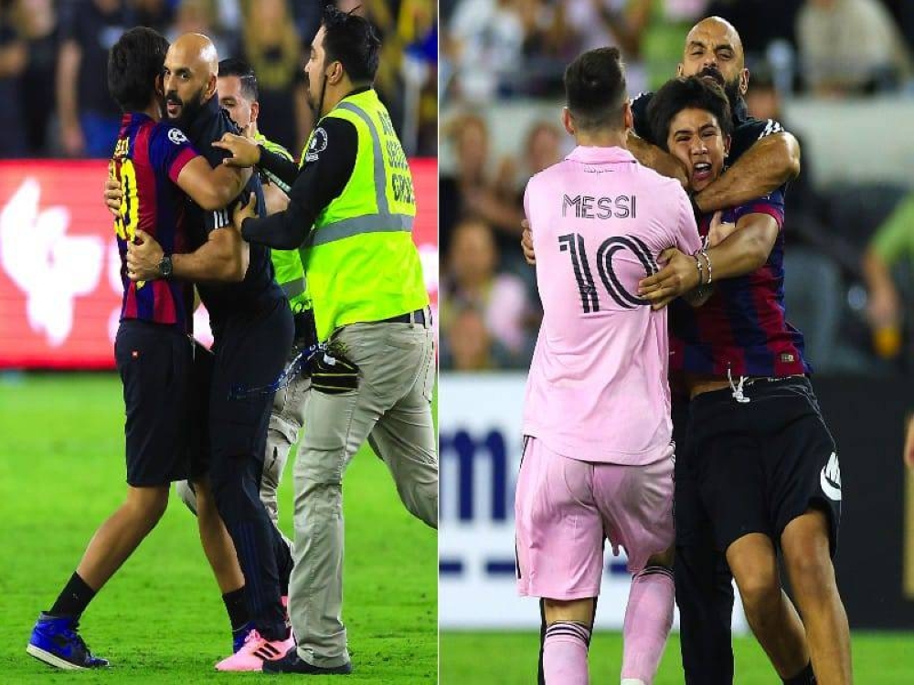 شاهد.. لحظة اقتحام مشجع بقميص برشلونة لمباراة إنتر ميامي.. وحارس ميسي يتدخل!