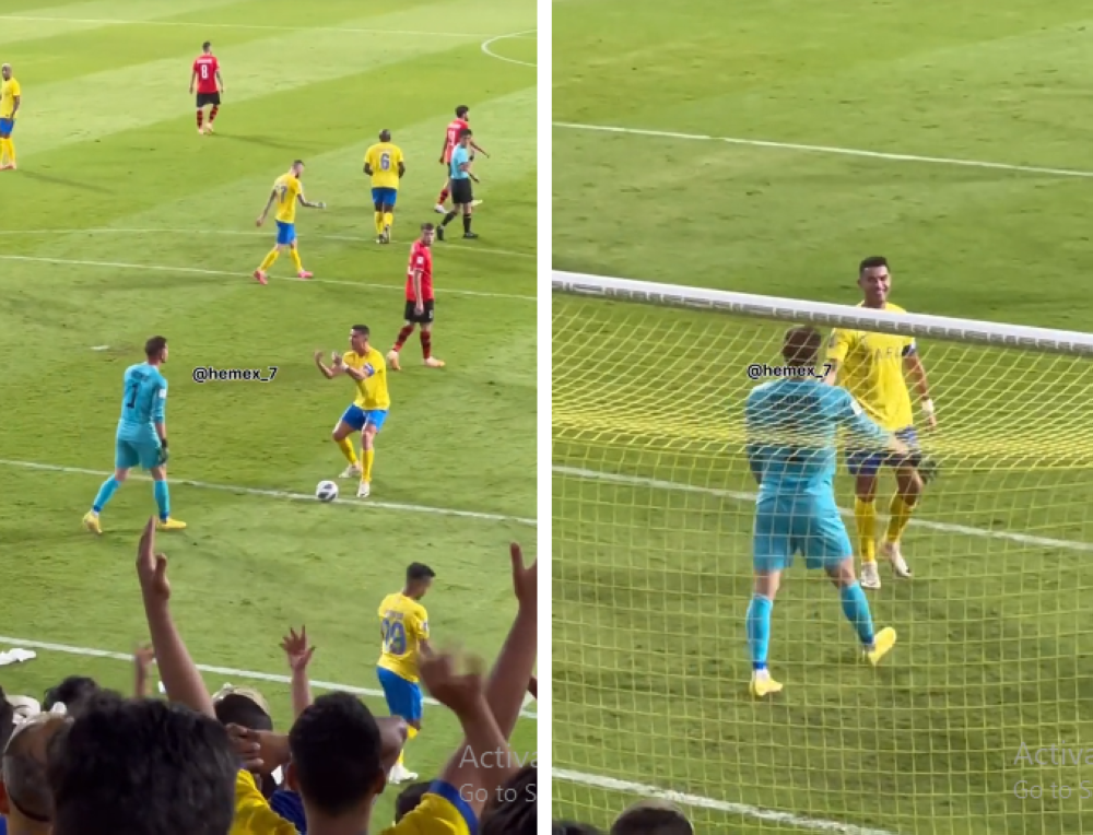 شاهد.. رونالدو يطالب حارس استقلال بتسريع اللعب ويعتذر منه بعد تسجيل الهدف الأول !