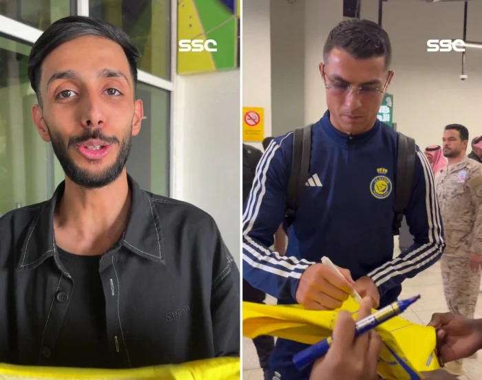 شاهد.. ردة فعل مشجع نصراوي حصل على توقيع رونالدو بعد انتظار 3 ساعات